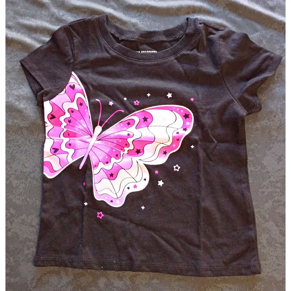 The Children's Place Girls 3T Black Crew Neck Short Sleeve Butterfly Graphic Tee
